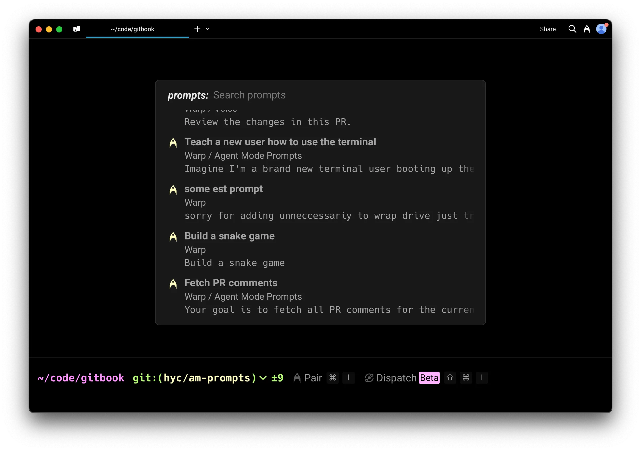 Command Palette interface showing a search for Prompts with results displayed